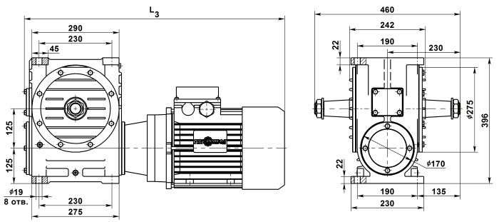 Габаритные и присоединительные размеры мотор-редуктора МЧ-125
